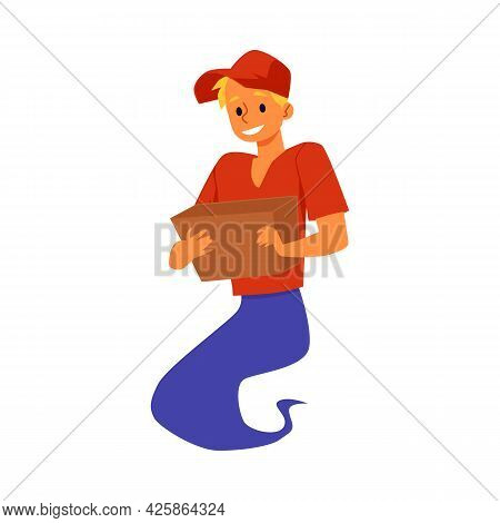 Delivery Man With Box Looks Like Genie, Flat Vector Illustration Isolated.