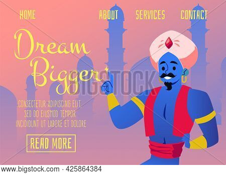 Banner For Website With Fairy Arabian Genie, Flat Vector Illustration.