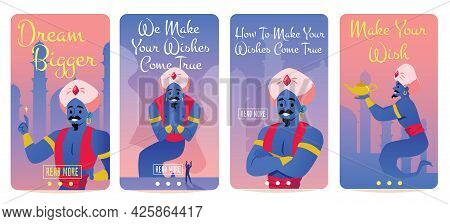 Set Banners On Wish Fulfillment And Dream With Genie, Flat Vector Illustration.