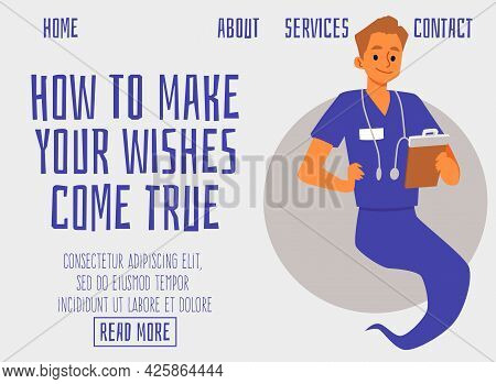 Website With Genie As Doctor Or Healthcare Professional Flat Vector Illustration.
