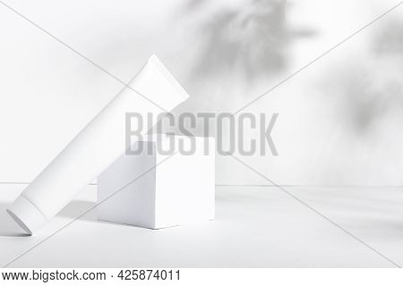 White Cosmetic Tube On A Stand With Leaves And Shadows. Toothpaste, Face And Body Cream. Female Cosm