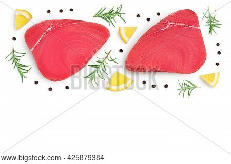 Fresh Tuna Fish Fillet Steak Isolated On White Background With Clipping Path. Top View With Copy Spa