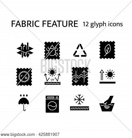 Fabric Quality Glyph Icons Set. Recyclable Fiber. Breathable Wear. Textile Industry. Different Prope