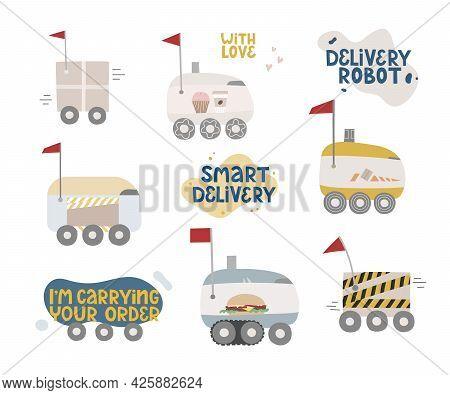 Set Of Lettering, Self Driving Delivery Robots. Smart Equipment For Order Carry. Can Use For News, A