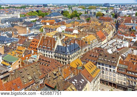 Skyline Aerial View Of Strasbourg Old Town, Grand Est Region, France. Strasbourg Cathedral. View To 