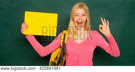Student Girl Holding Empty Faper For Product. Excited Amazed Student. Portrait Of Teacher At School.