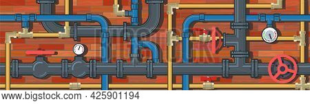 Pipeline System. Seamless Pattern. Horizontally Background Picture. Brick Wall. Vector