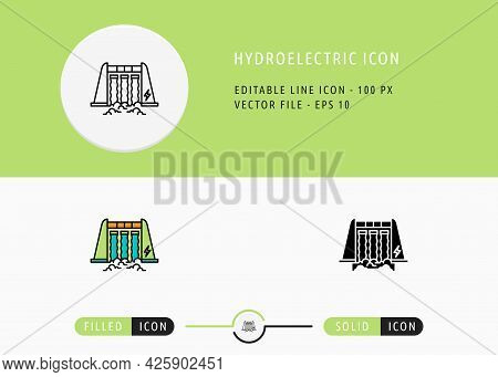 Hydroelectric Icons Set Editable Stroke Vector Illustration. Energy Power Resource Symbol. Icon Line