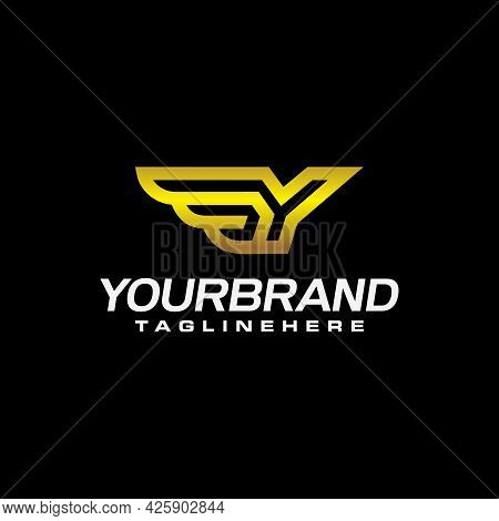 Golden Y Letter Logo Template With Golden Wings