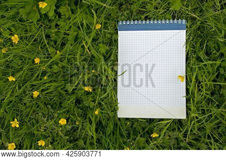 Notebook With Mainspring Cover With Leaves Lined With Blue Cage On A Background Of Green Leaves, Ste