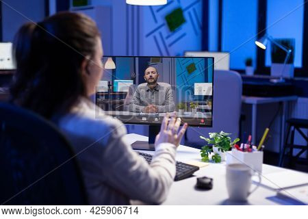 Woman Listening Deadlinne-ul For New Communication Project During Online Meeting. Business Freelence