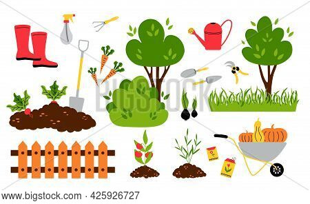 Garden Inventory. Cartoon Seeds Plans Seedlings Bushes And Trees, Garden Tools For Ground And Soil W