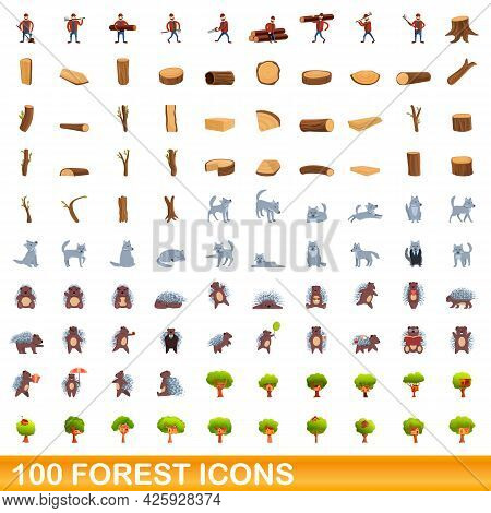 100 Forest Icons Set. Cartoon Illustration Of 100 Forest Icons Vector Set Isolated On White Backgrou