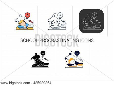 School Procrastinating Icons Set.unnecessarily Postpone Dealing Tasks. Sleep At Lesson. Tired Person