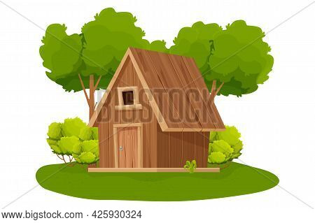 Forest Hut, Wooden House Or Cottage Decorated With Trees, Grass And Bush In Cartoon Style Isolated O