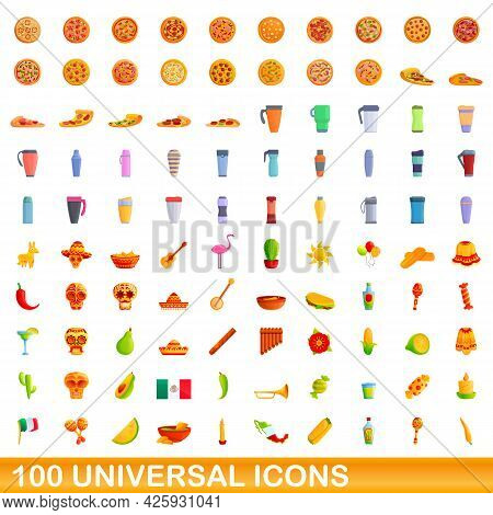 100 Universal Icons Set. Cartoon Illustration Of 100 Universal Icons Vector Set Isolated On White Ba