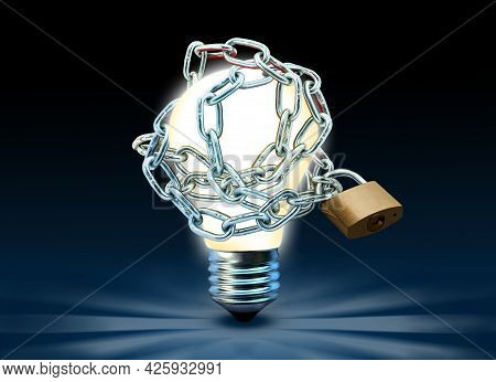 Glowing Lightbulb With Chain And Padlock. Idea Is Locked And Restrained Conceptual Theme.