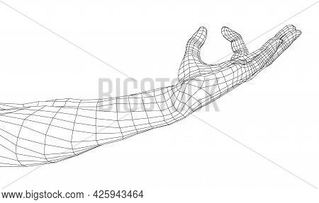 Hand Hold Some Tiny Or Thin Object. Vector Rendering Of 3d. Wire-frame Style. Hand Hold Somethin