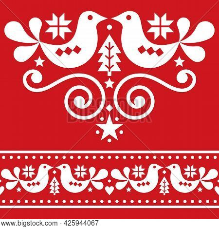 Scandinavian Christmas Folk Vector Design Elements, Cute Floral Design With Birds, Pine Trees And Sn