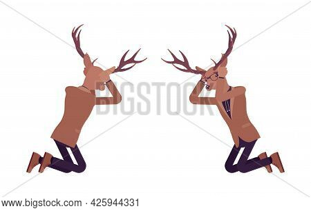 Deer Man, Mister Moose, Animal Head Human Knelt In Despair. Dressed Up Gentleman Having Large, Horns