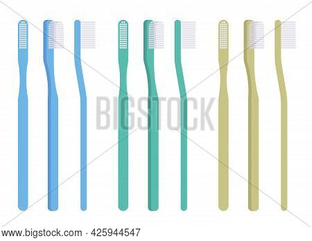 Toothbrush Set, Blue, Green, Yellow Color Manual Brush For Oral Hygiene. Straight Long Handle Classi