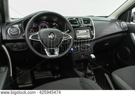 Novosibirsk, Russia - June 29, 2021: Renault Logan Stepway, Dashboard, Player, Steering Wheel With L