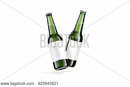 Blank Green Glass Beer Bottle White Label Mockup, No Gravity, 3d Rendering. Empty Lager Or Soda Unop