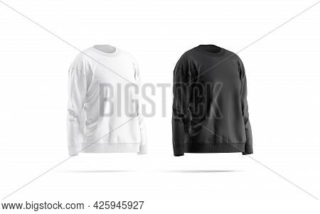 Blank Black And White Women Sweatshirt Mockup, Side View, 3d Rendering, Empty Cloth Jumper Or Sweate