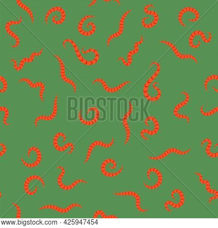 Animal Earth Red Worms For Fishing Seamless Pattern On Green Background