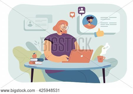 Young Woman Using Computer For Online Dating. Flat Vector Illustration. Girl Chatting With Men, Sear