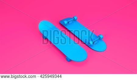 3d Rendering, Close Up Top And Bottom Side Of Blue Skateboards On The Floor, Extreme Sport Equipment