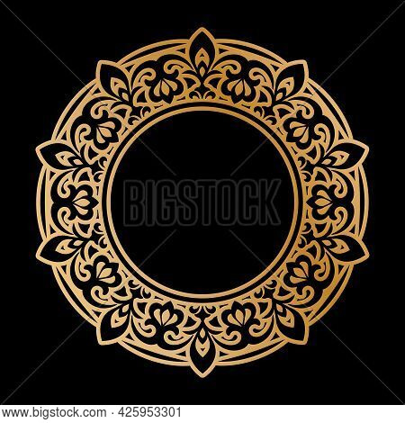 Template For A Decorative Frame With A Place For Text. Golden Round Openwork Ornament For Invitation