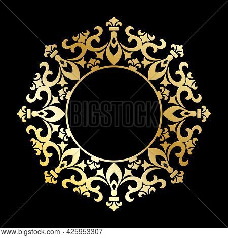 Template For A Decorative Frame With A Place For Text. Golden Round Openwork Ornament For Invitation