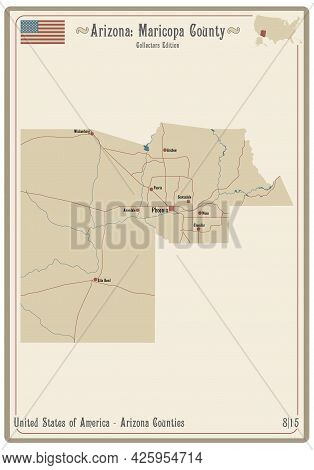 Map On An Old Playing Card Of Maricopa County In Arizona, Usa.