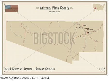 Map On An Old Playing Card Of Pima County In Arizona, Usa.