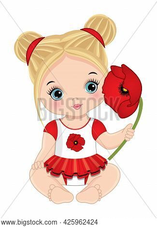 Cute Little Baby Girl Is In Red, White And Black Dress Sitting. Blond Little Girl Is With Two Buns, 
