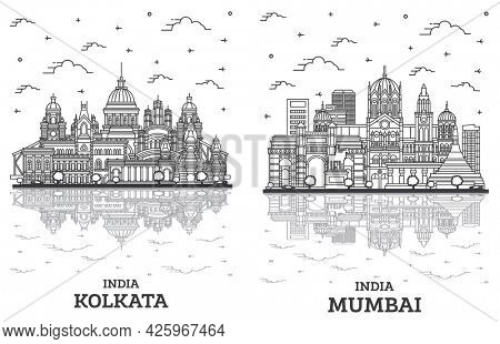 Outline Mumbai and Kolkata India City Skyline Set with Historic Buildings and Reflections Isolated on White. Cityscape with Landmarks.