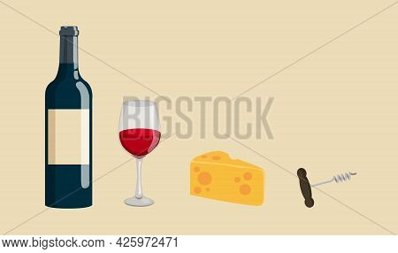 Bottle, Glass Of Wine Cheese And Corkscrew. Stock Vector