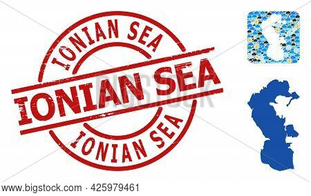Weather Collage Map Of Caspian Sea, And Distress Red Round Ionian Sea Seal. Geographic Vector Collag