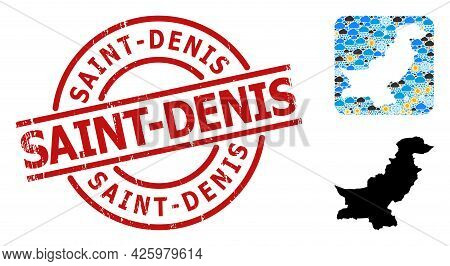 Weather Collage Map Of Pakistan, And Grunge Red Round Saint-denis Stamp Seal. Geographic Vector Comp