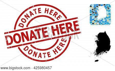 Weather Mosaic Map Of South Korea, And Distress Red Round Donate Here Stamp Seal. Geographic Vector 