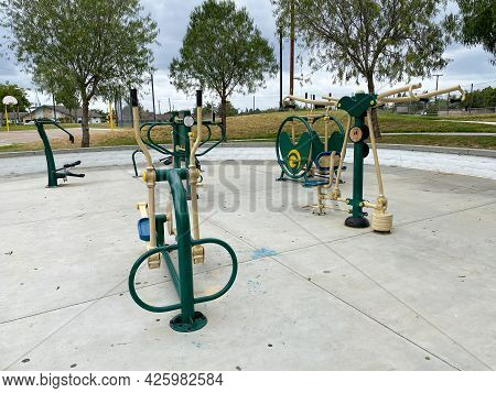 Outdoor Fitness Equipment In A Public Park. Free Exercise Equipment, June 16th, 2021, Placentia, Cal