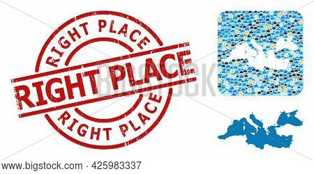 Weather Collage Map Of Mediterranean Sea, And Distress Red Round Right Place Stamp. Geographic Vecto