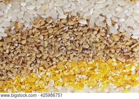 Various Groats, Cereals. Different Types Of Groats As A Background. Healthy Nutrition Food, Healthy 