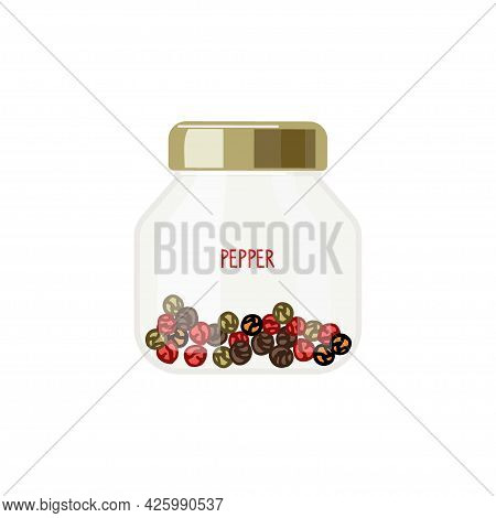 Set Of Different Varieties Of Pepper In Can With Inscription. Peppercorn Mix. Organic Product Flat. 