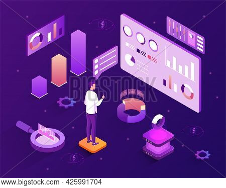 Concept Of Data Visualization. A Man Collects Data, Analyzes It, Makes Graphs, Charts And Tables On 