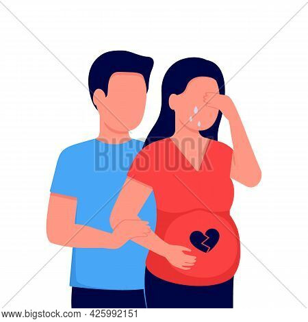 Young Man Support Crying Pregnancy Woman. Couple Family In Depressed, Waiting Miscarriage. Failed Bi