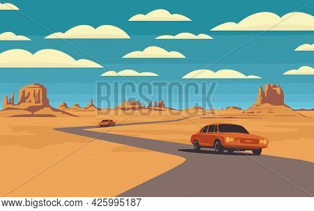 Decorative Landscape With A Road And Passing Cars In The Desert With Mountains And Clouds In Blue Sk