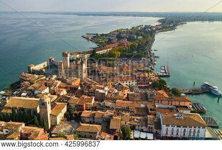 Top View Of Scaligera Castle And Sirmione On Lake Garda.italy.tuscany
