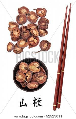 Hawthorn fruit used in traditional chinese herbal medicine with mandarin title script translation and chopsticks. Shan zha. Fructus crataegi.